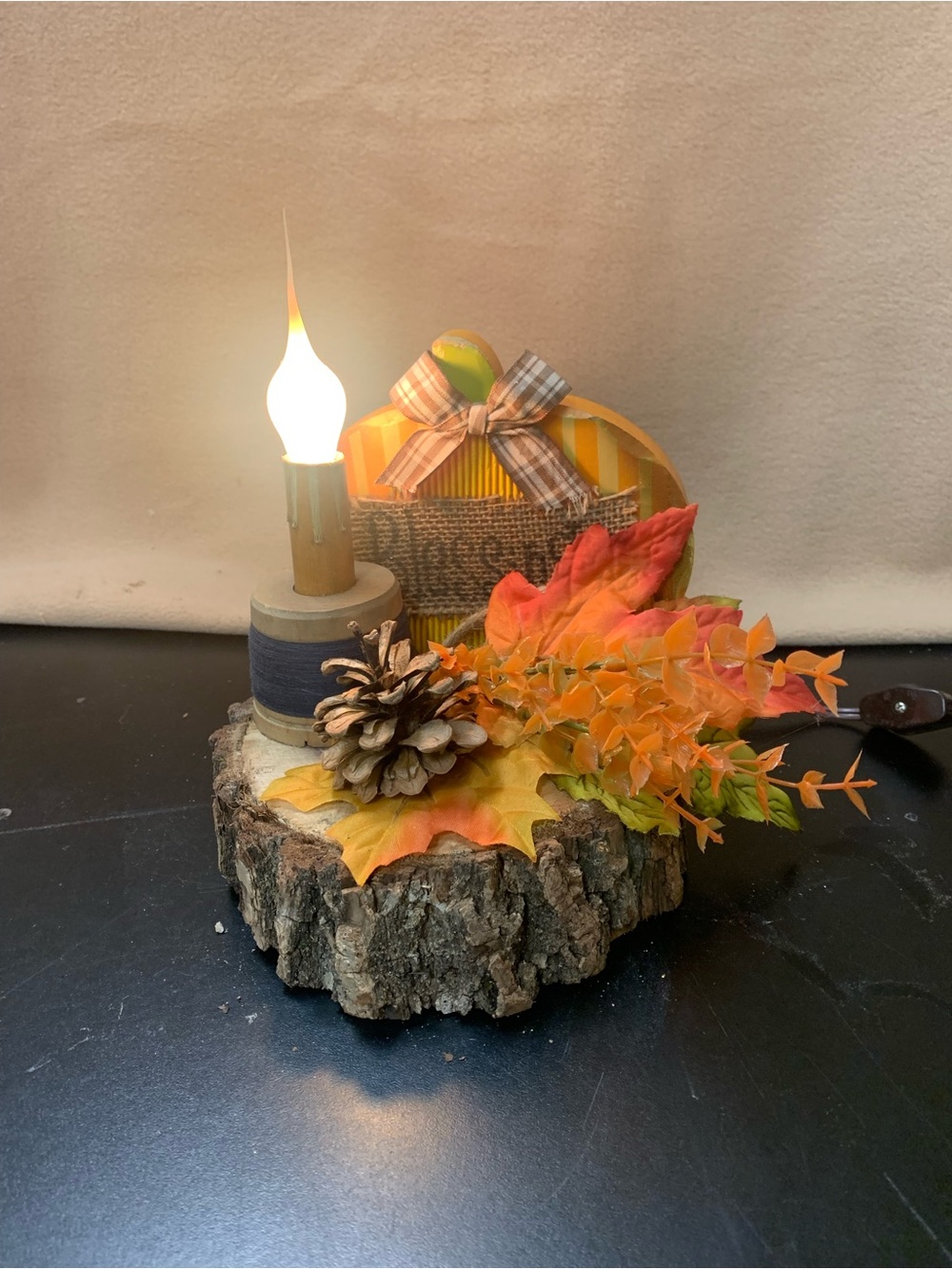 Autumn Glow Decorative Table Accent with Orange Leaves and Pinecone. Inv 559